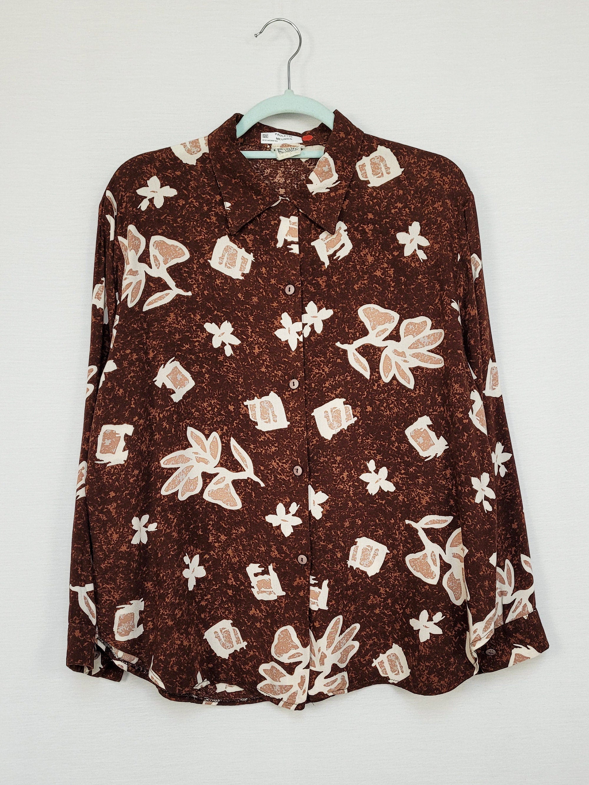 Vintage 80s brown floral long sleeve minimalist shirt blouse