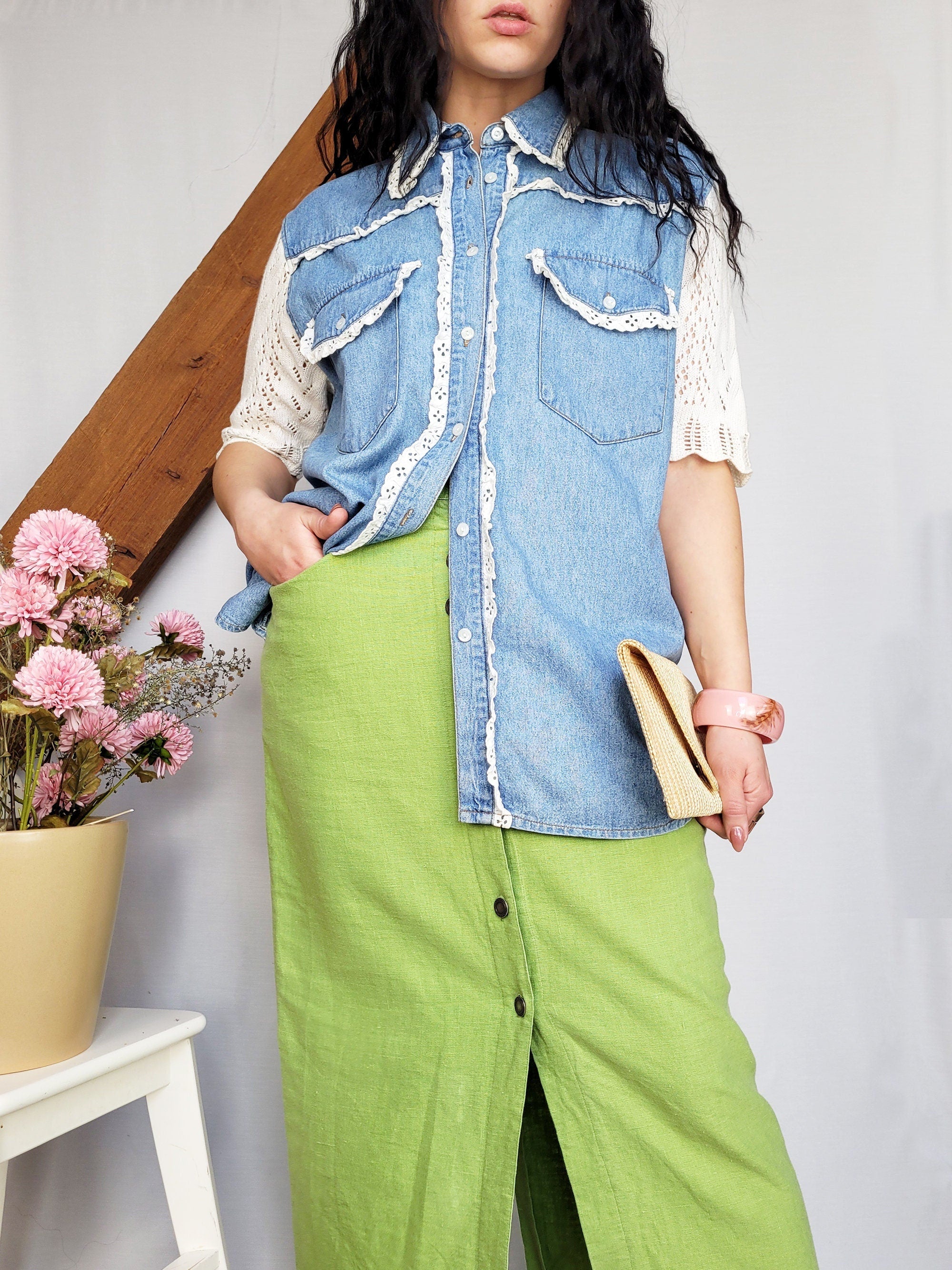 Vintage 90s blue jeans lace detailed denim shirt top