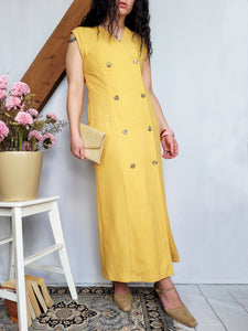 Vintage 90s yellow smart casual buttons front blazer dress