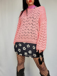 Vintage 90s handmade cable knit sheer pink sweater