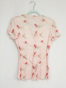 Vintage 90s pastel pink butterfly print mesh summer top