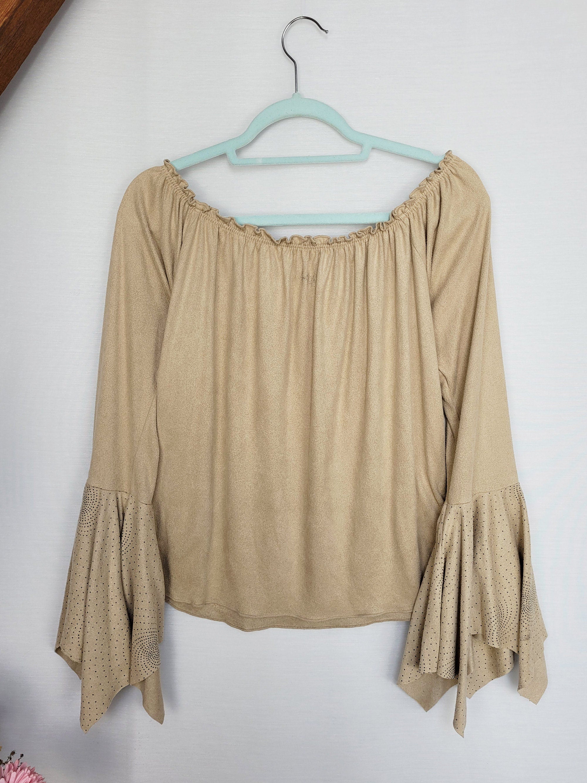 Vintage 90s beige faux suede flare sleeve off shoulder top