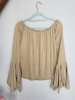 Load image into Gallery viewer, Vintage 90s beige faux suede flare sleeve off shoulder top
