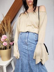 Vintage 90s beige faux suede flare sleeve off shoulder top