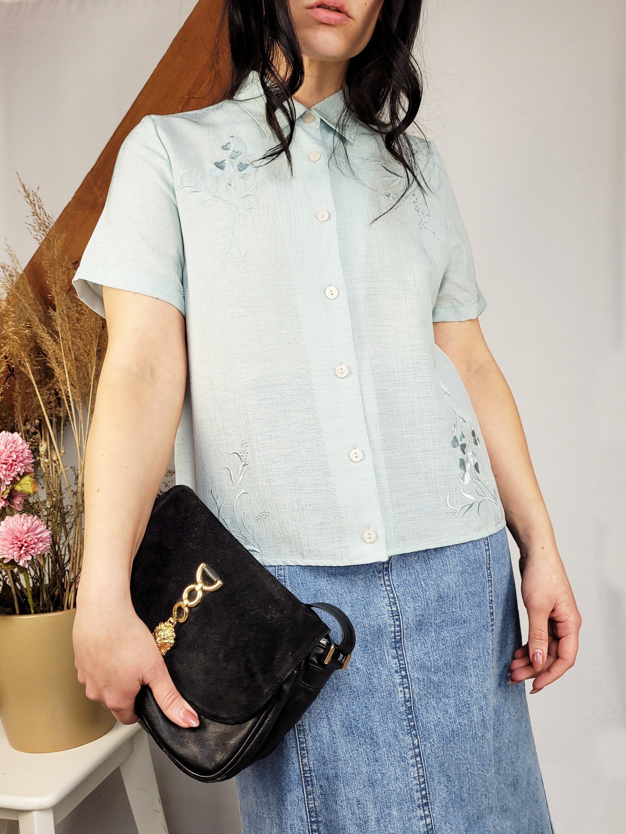 Vintage 90s light blue embroidered summer blouse top