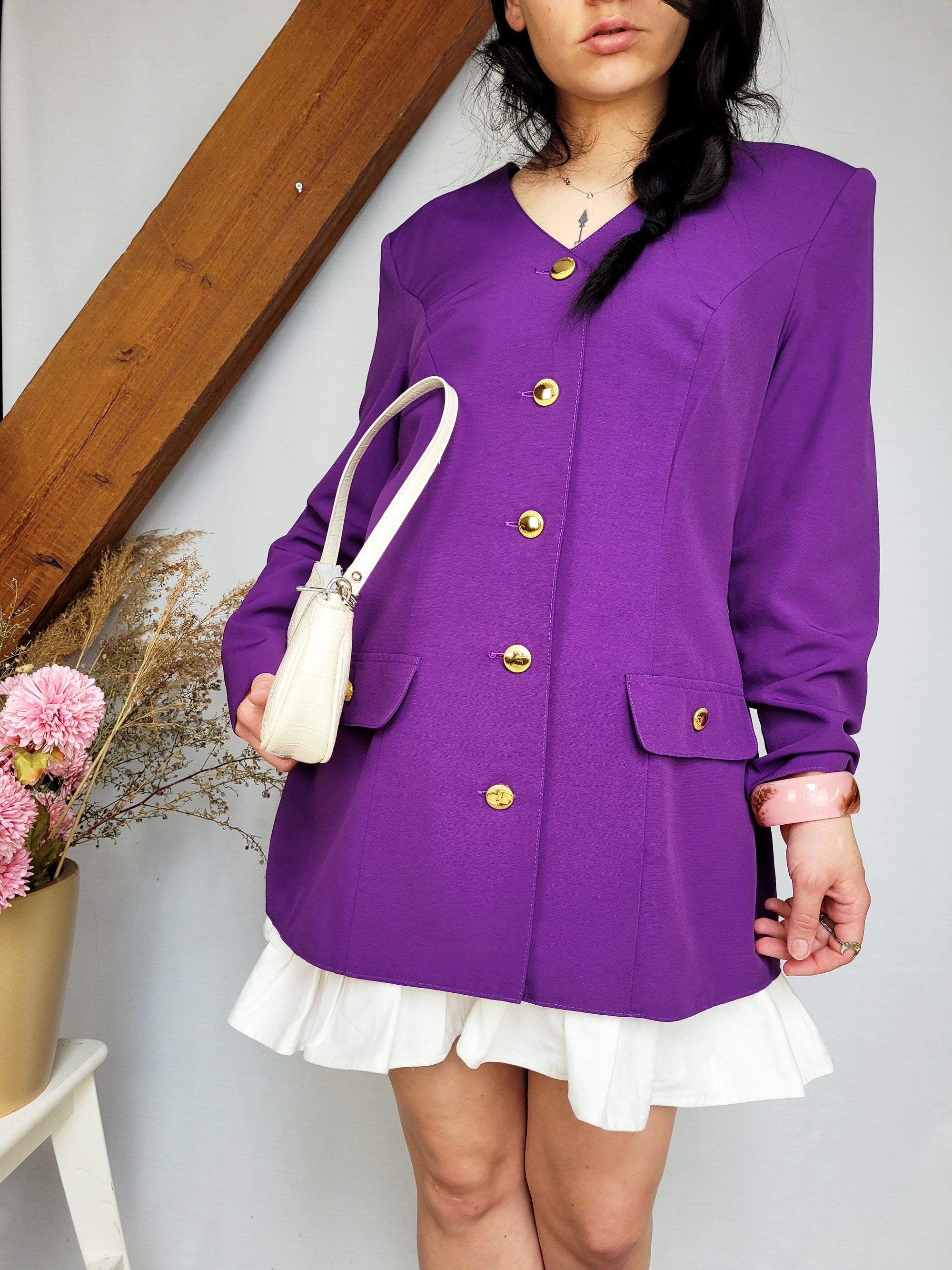 Vintage 90s purple buttons down long blazer jacket