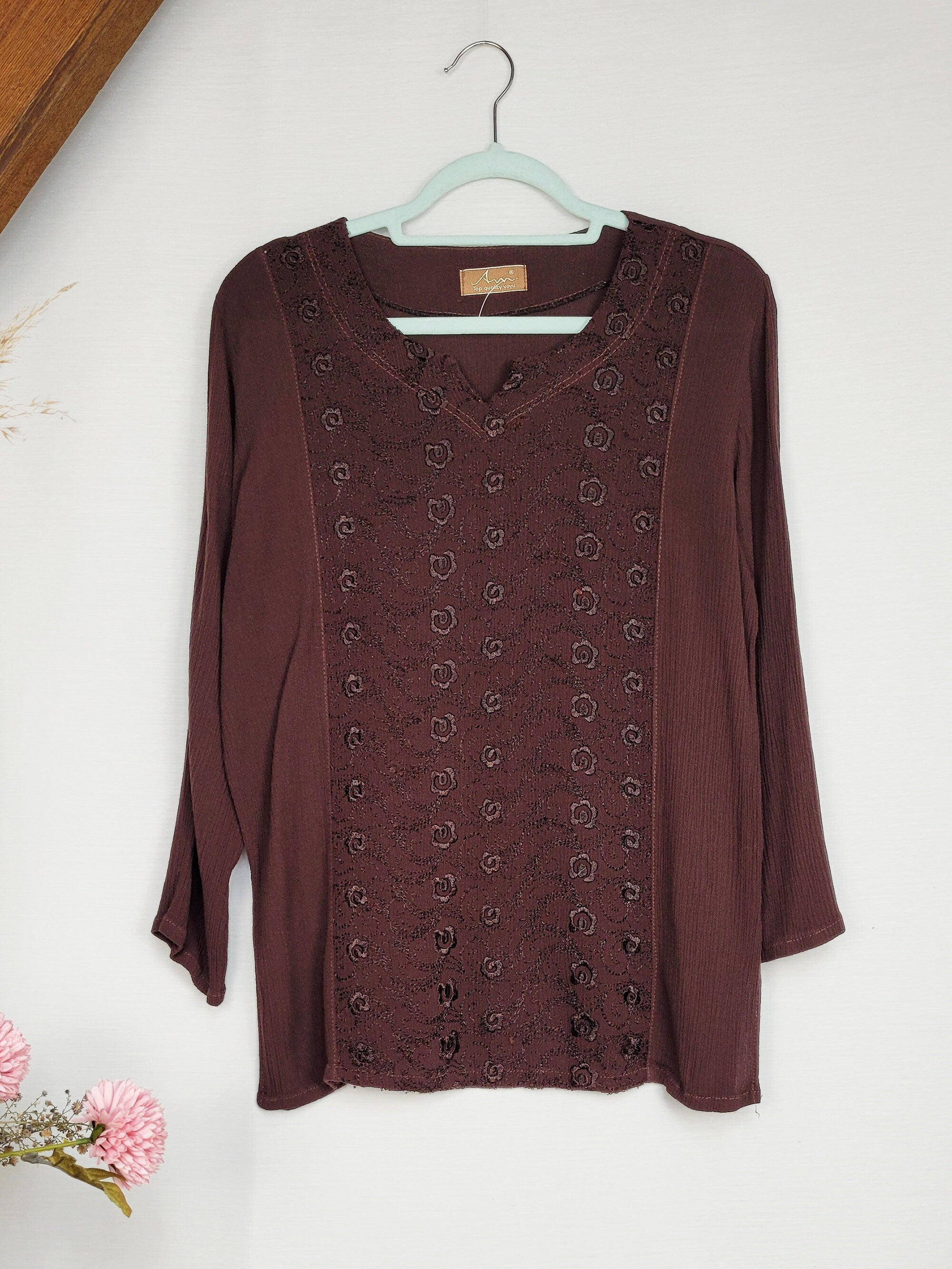 Vintage 00s Y2K brown embroidered boho blouse top