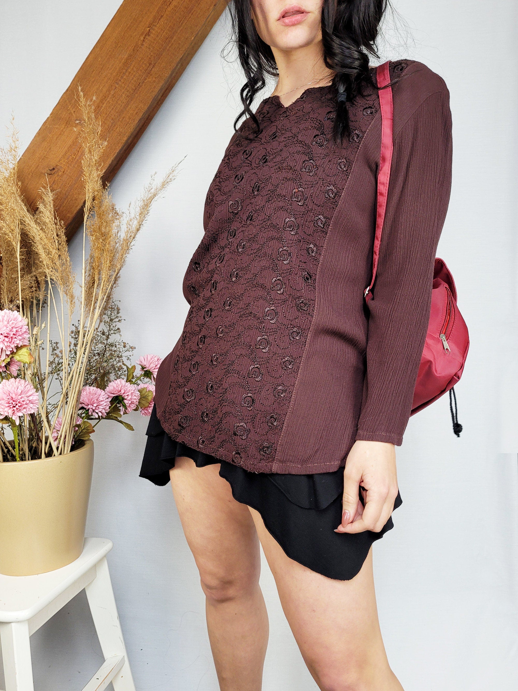 Vintage 00s Y2K brown embroidered boho blouse top