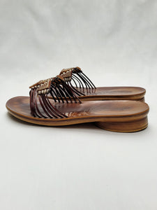 Vintage 90s leather beaded brown split toe slides sandals