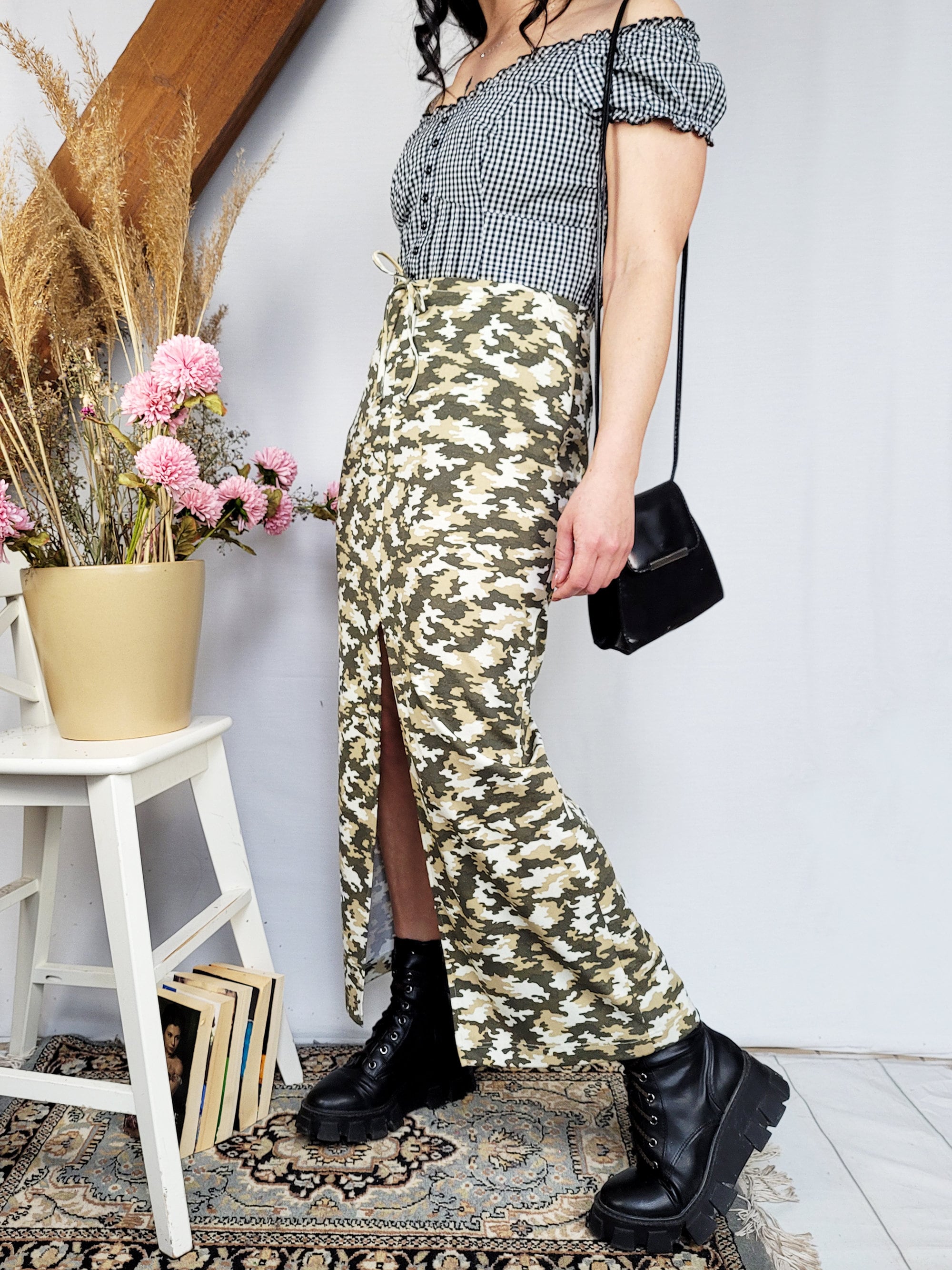 Vintage Y2K 00s camouflage shimmer front split maxi skirt