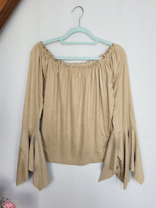 Vintage 90s beige faux suede flare sleeve off shoulder top