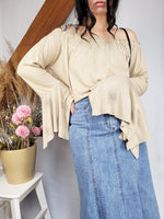 Load image into Gallery viewer, Vintage 90s beige faux suede flare sleeve off shoulder top
