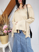 Load image into Gallery viewer, Vintage 90s beige faux suede flare sleeve off shoulder top
