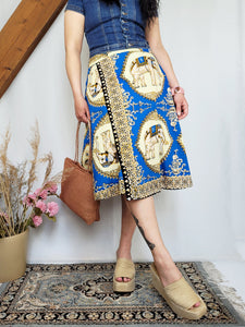 Vintage 90s folk elephant print wrap midi summer skirt