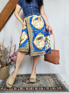 Vintage 90s folk elephant print wrap midi summer skirt