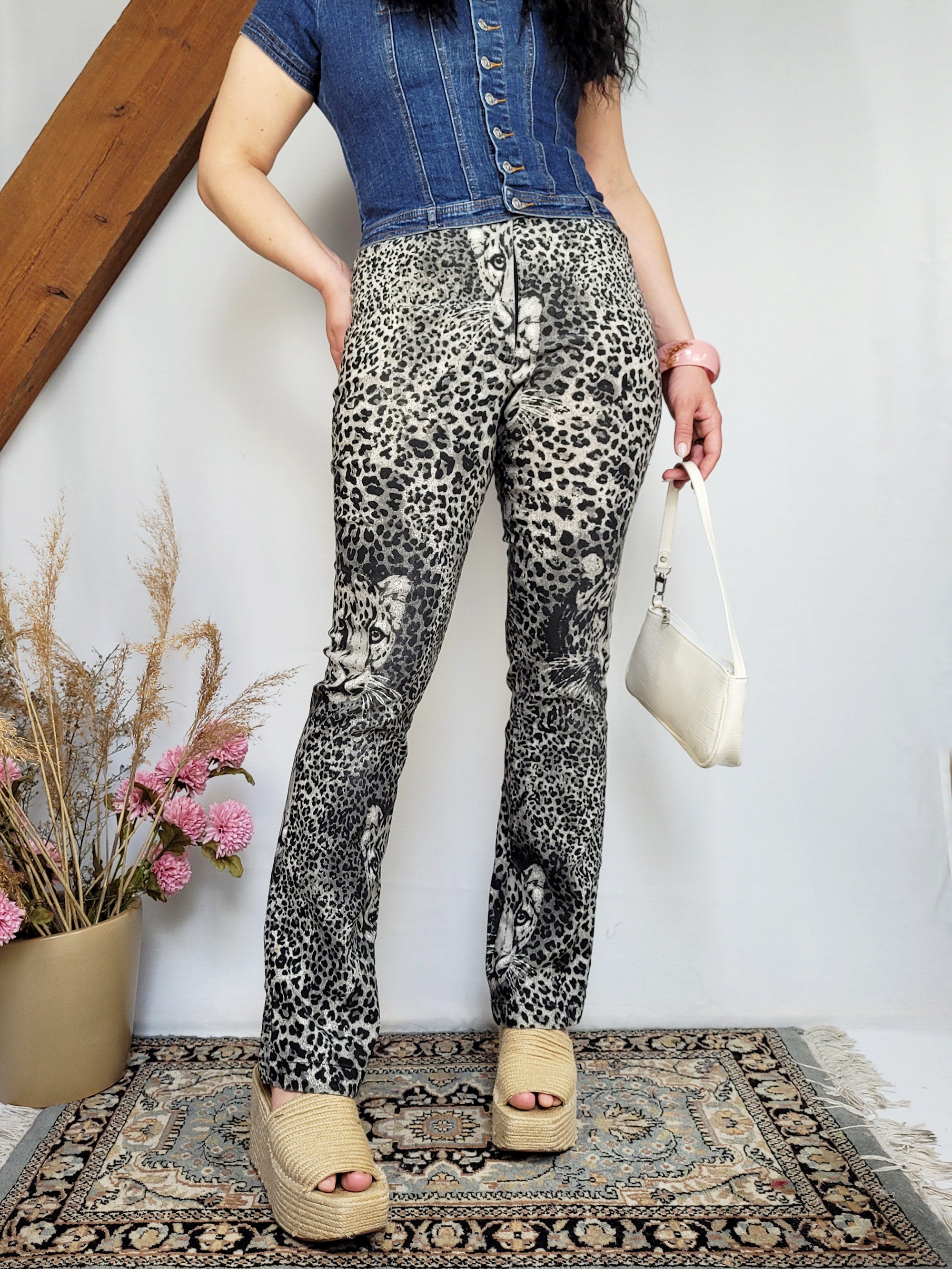 Vintage 90s grey animal print stretch flare pants