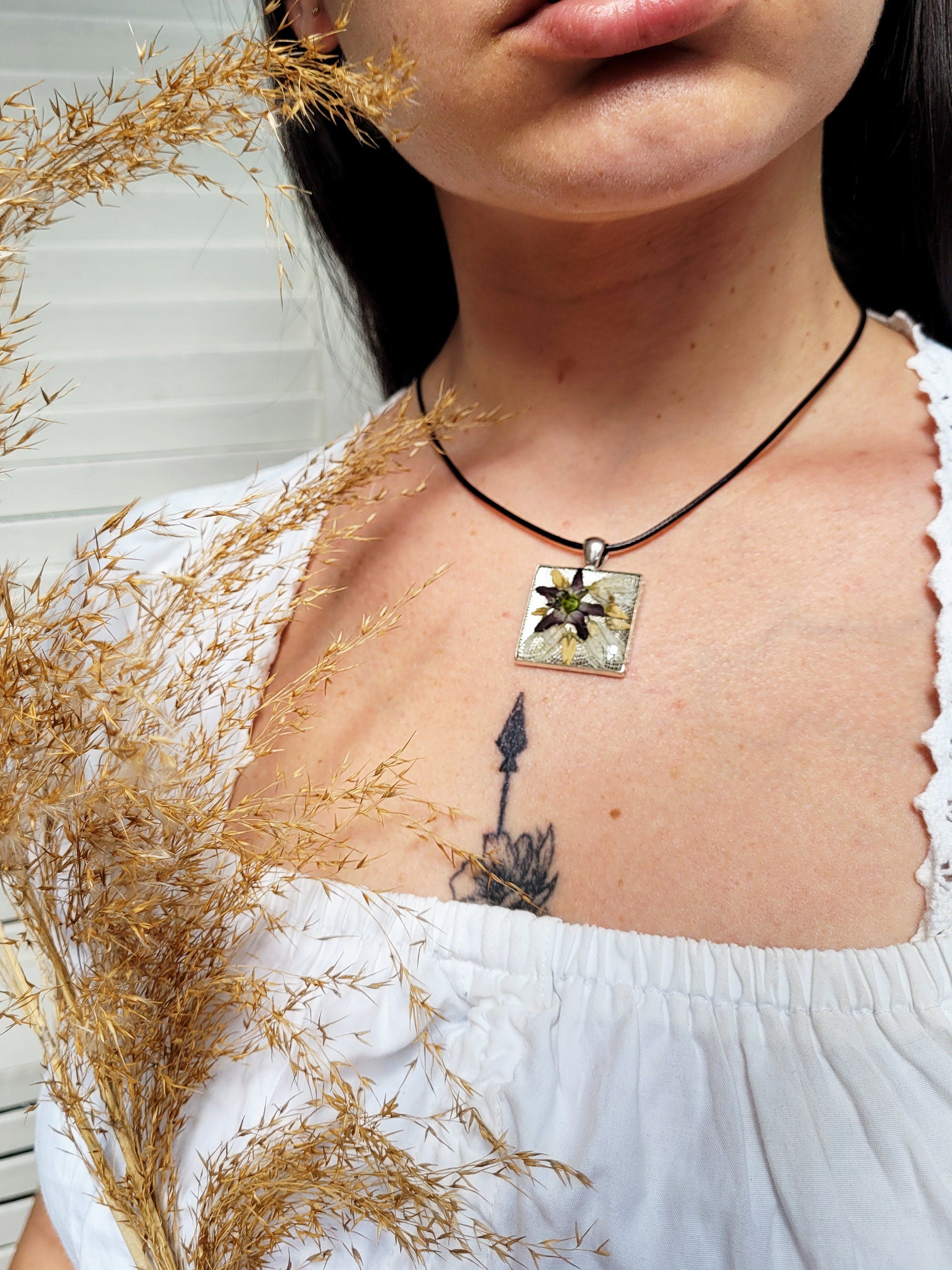 Handmade pendant, Pressed flower jewelry, Dried flower resin square pendant necklace, floral herbarium collar,  S4