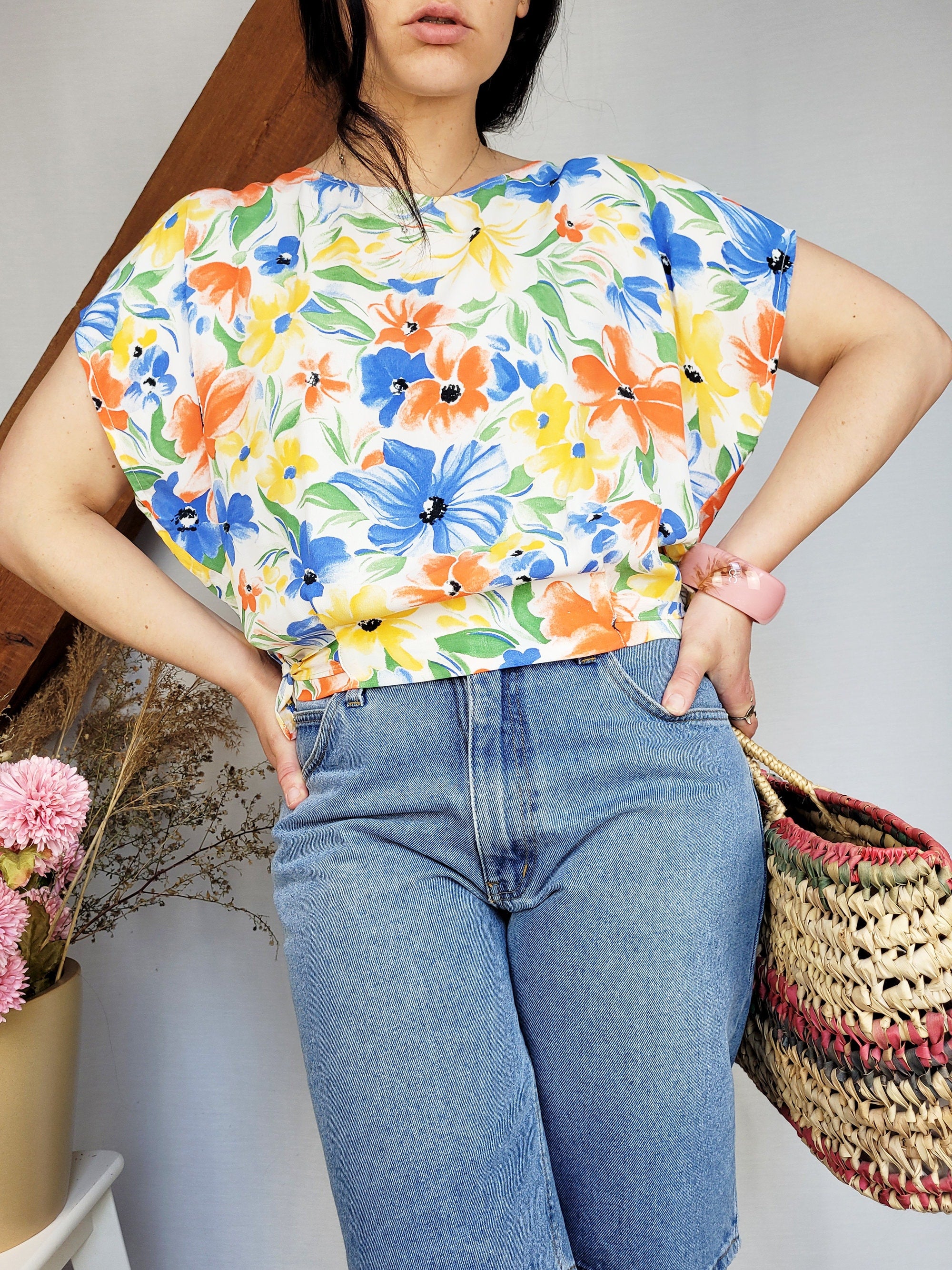 Vintage 90s colorful handmade floral blouse top