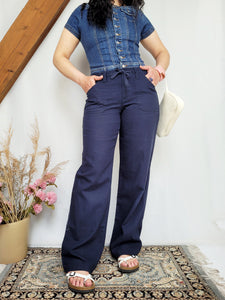 Vintage Y2K 00s navy blue partly linen wide casual pants