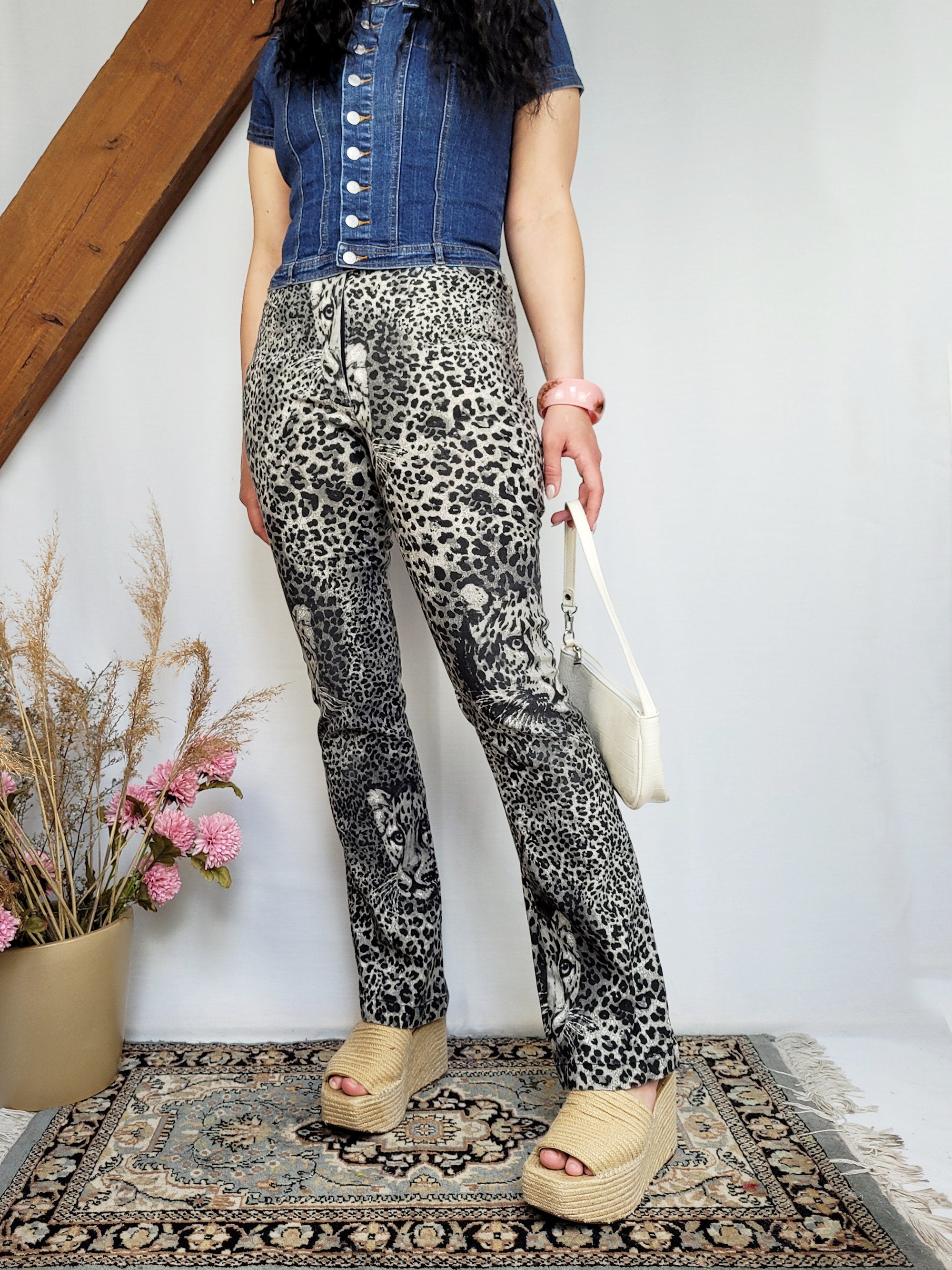 Vintage 90s grey animal print stretch flare pants