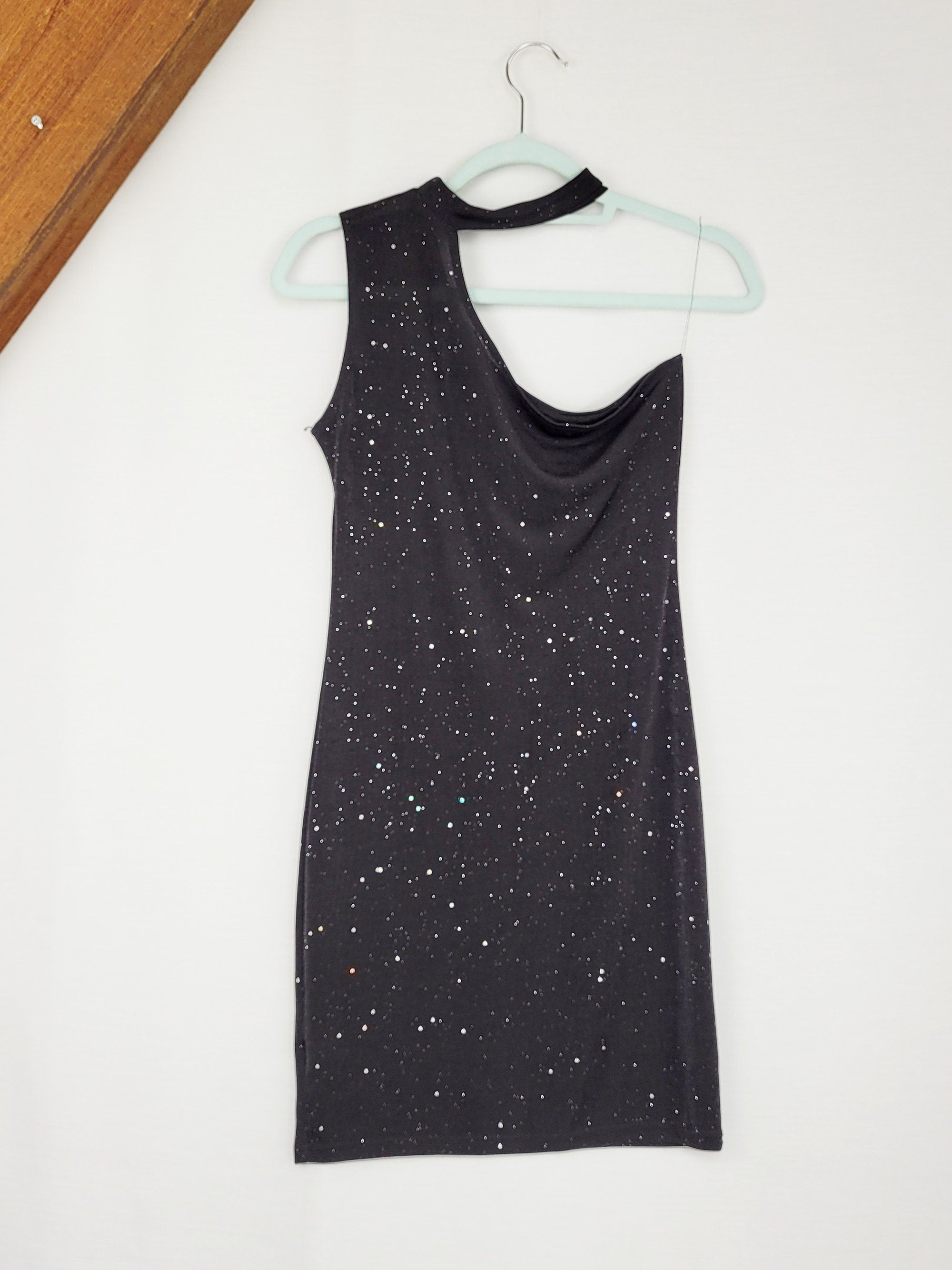 Vintage Y2K black shimmer sparkly one shoulder mini dress