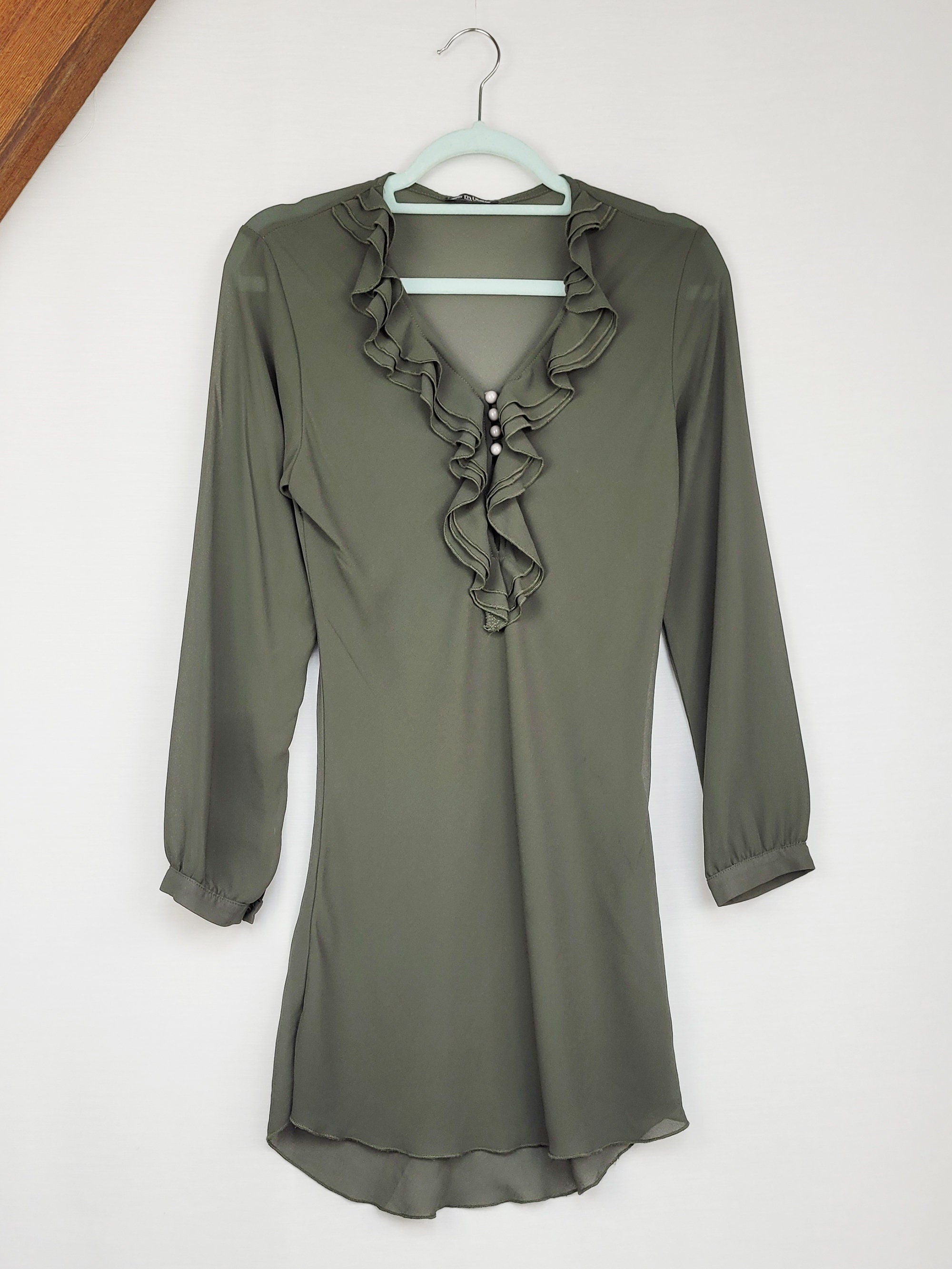 Vintage Y2K 00s sheer khaki green festival mini tunic dress