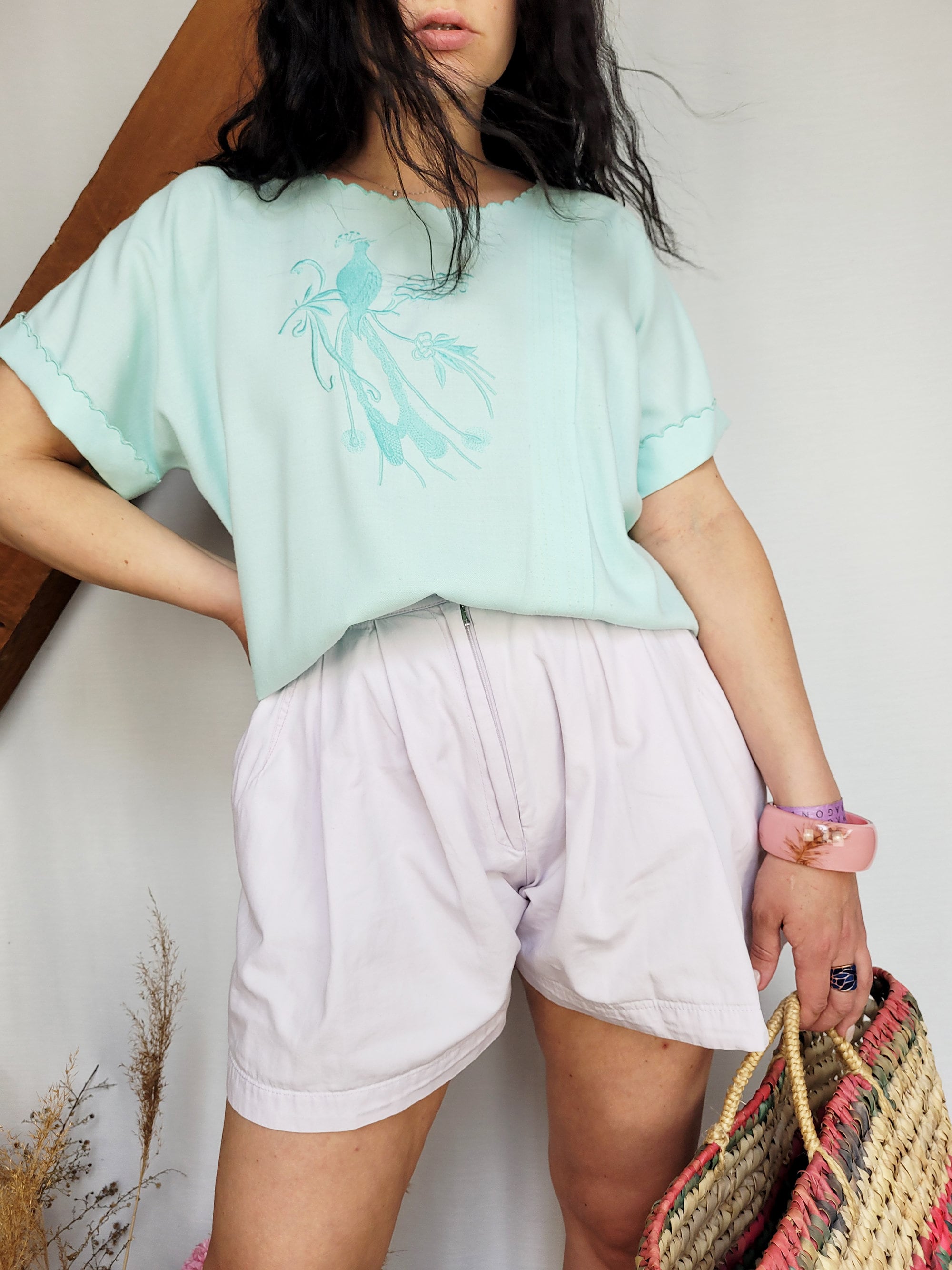 Vintage 80s baby blue embroidered minimalist top blouse