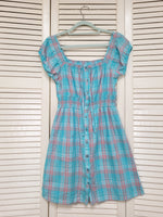Load image into Gallery viewer, Vintage 90s pastel blue checked off shoulder dress
