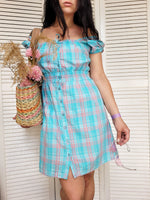 Load image into Gallery viewer, Vintage 90s pastel blue checked off shoulder dress
