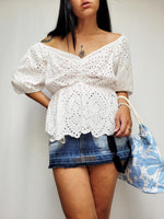 Load image into Gallery viewer, Vintage 00s white see through puff sleeve peplum blouse top
