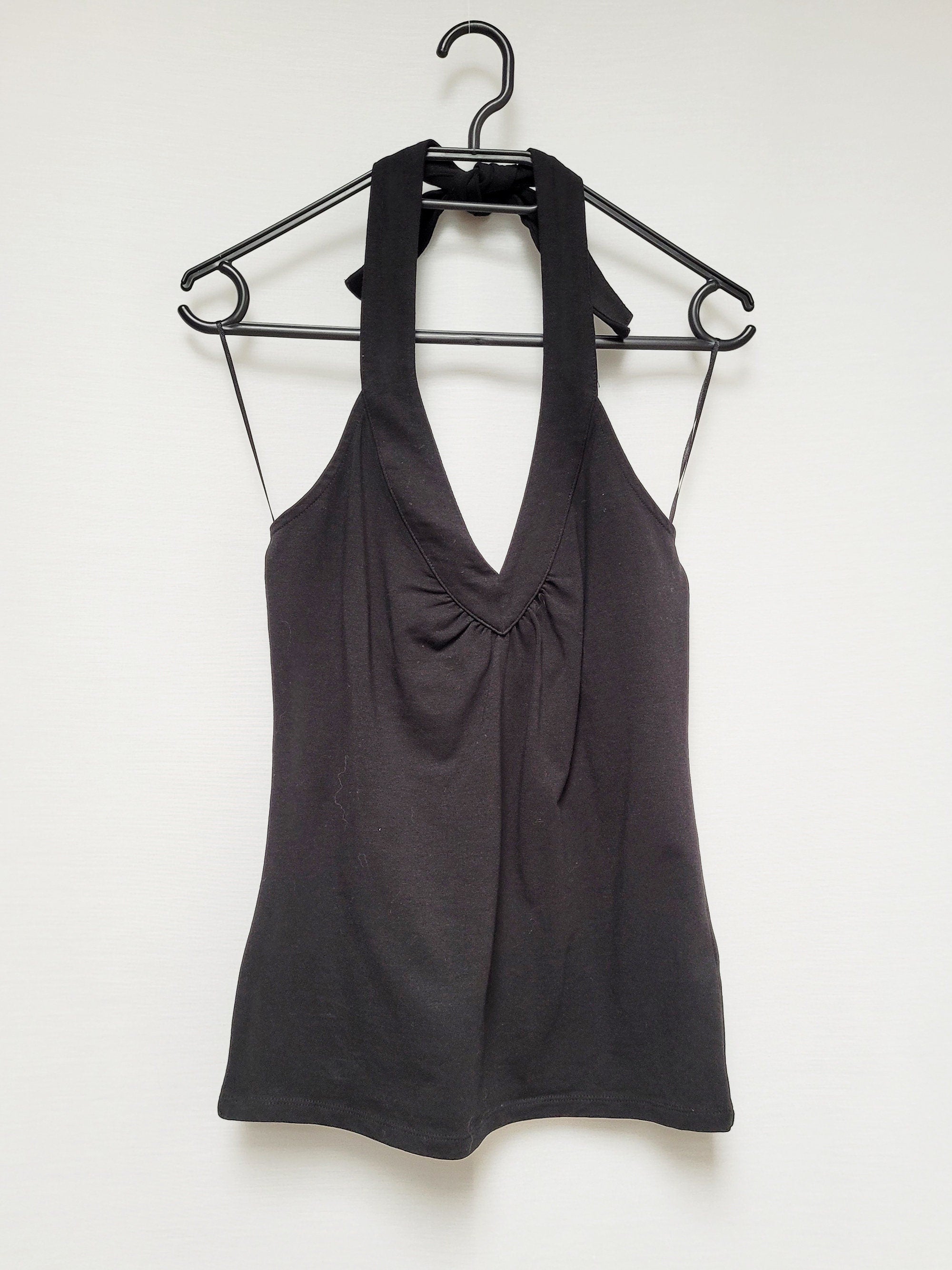 Vintage Y2K 00s black minimalist tie up halter blouse top