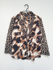 Vintage BIBA 90s animal print mesh sleeve blouse top