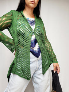 Vintage 90s green sheer knit one button cardigan top