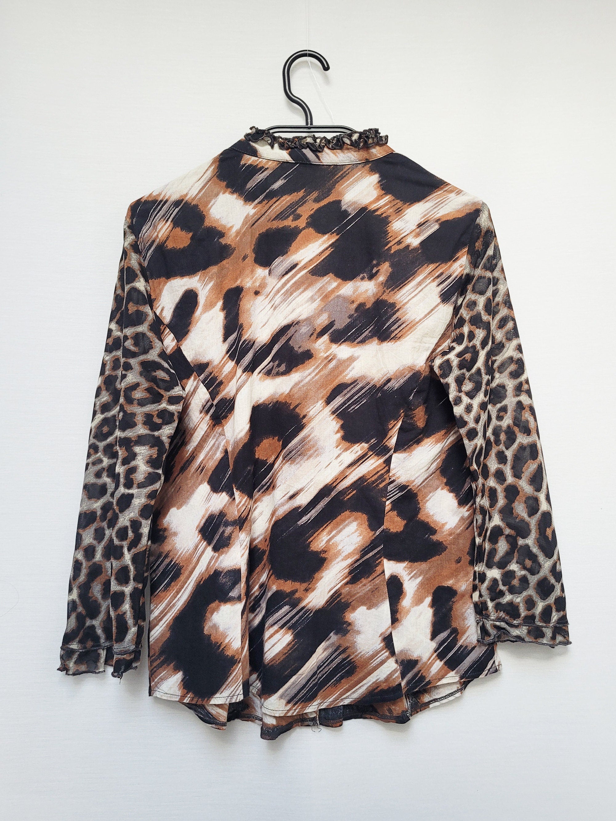 Vintage BIBA 90s animal print mesh sleeve blouse top