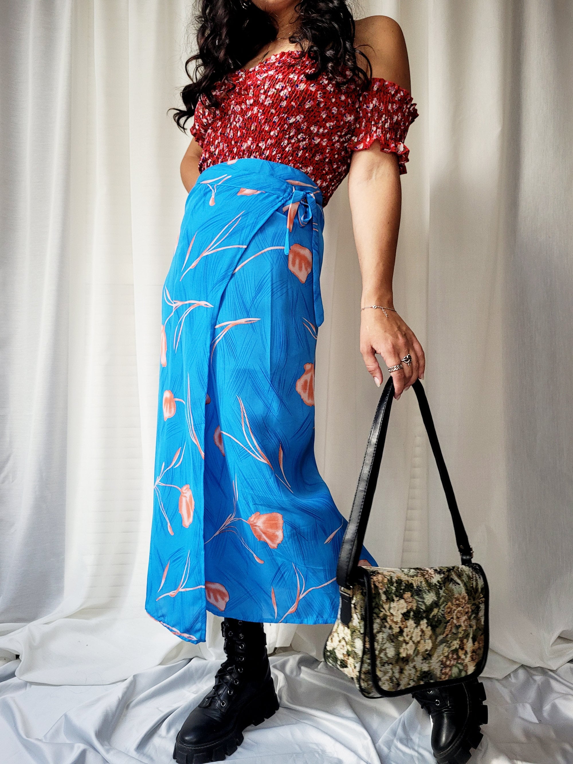 Vintage 90s blue floral print wrap maxi skirt