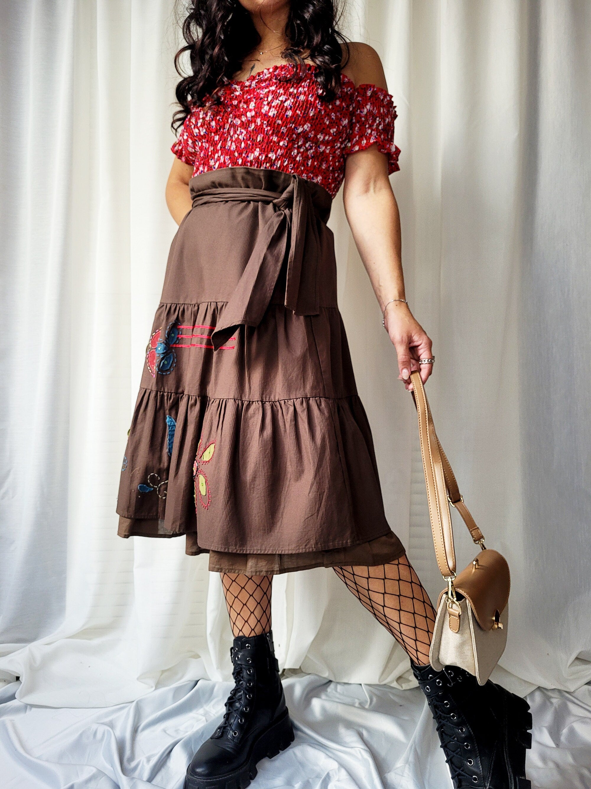 Vintage Y2K 00s brown applique midi peasant skirt