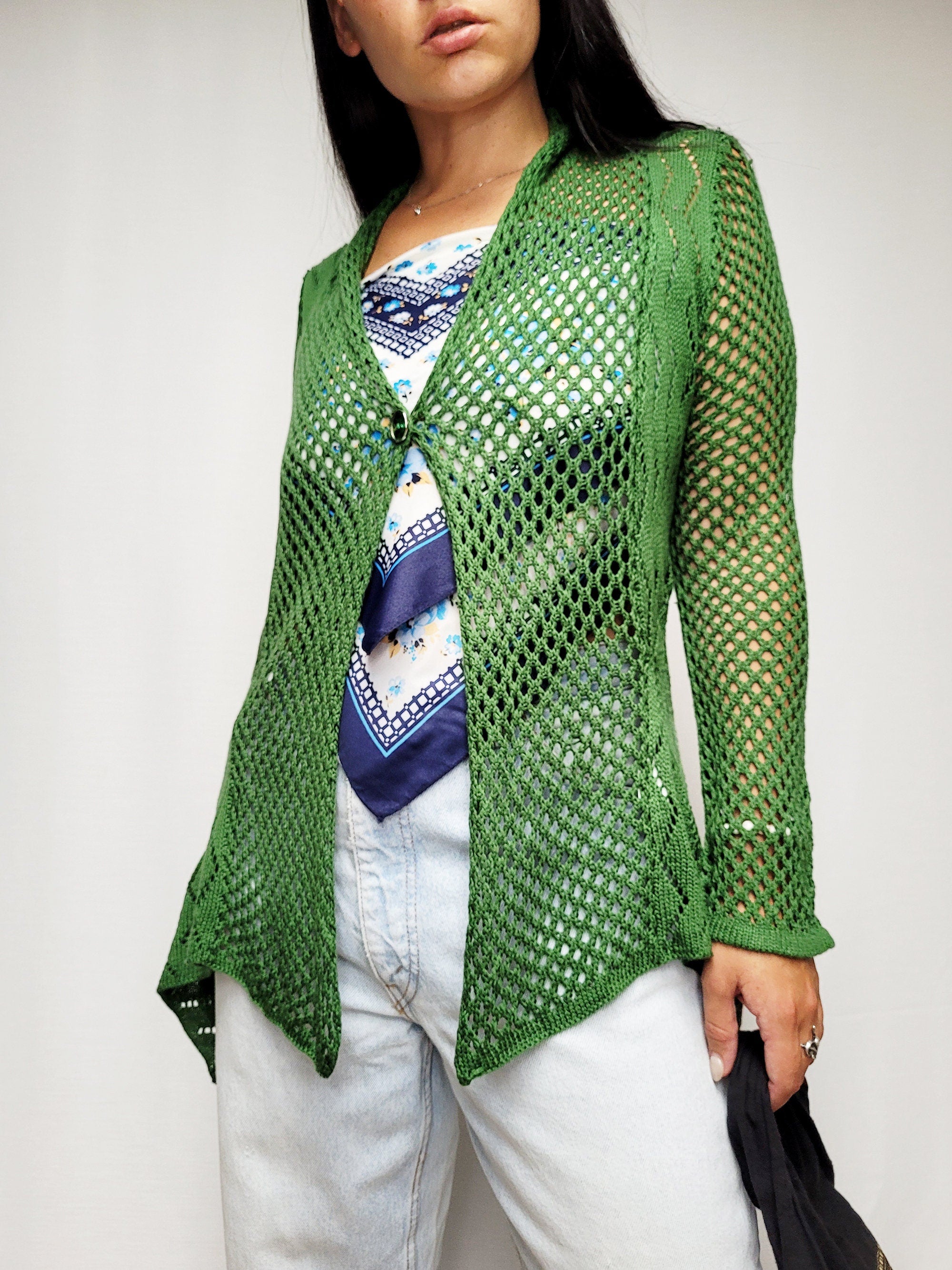 Vintage 90s green sheer knit one button cardigan top