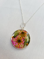 Load image into Gallery viewer, Dried flower resin round pendant necklace with silver chain,   RN2
