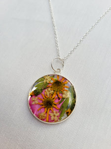 Dried flower resin round pendant necklace with silver chain,   RN2