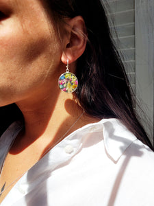 Handmade dried flower silver round 27mm dangle earrings,   E1 27mm