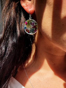 Handmade dried flower silver round 27mm dangle earrings,   E1 27mm