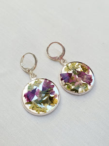 Handmade dried flower silver round 22mm dangle earrings,   E2 22mm