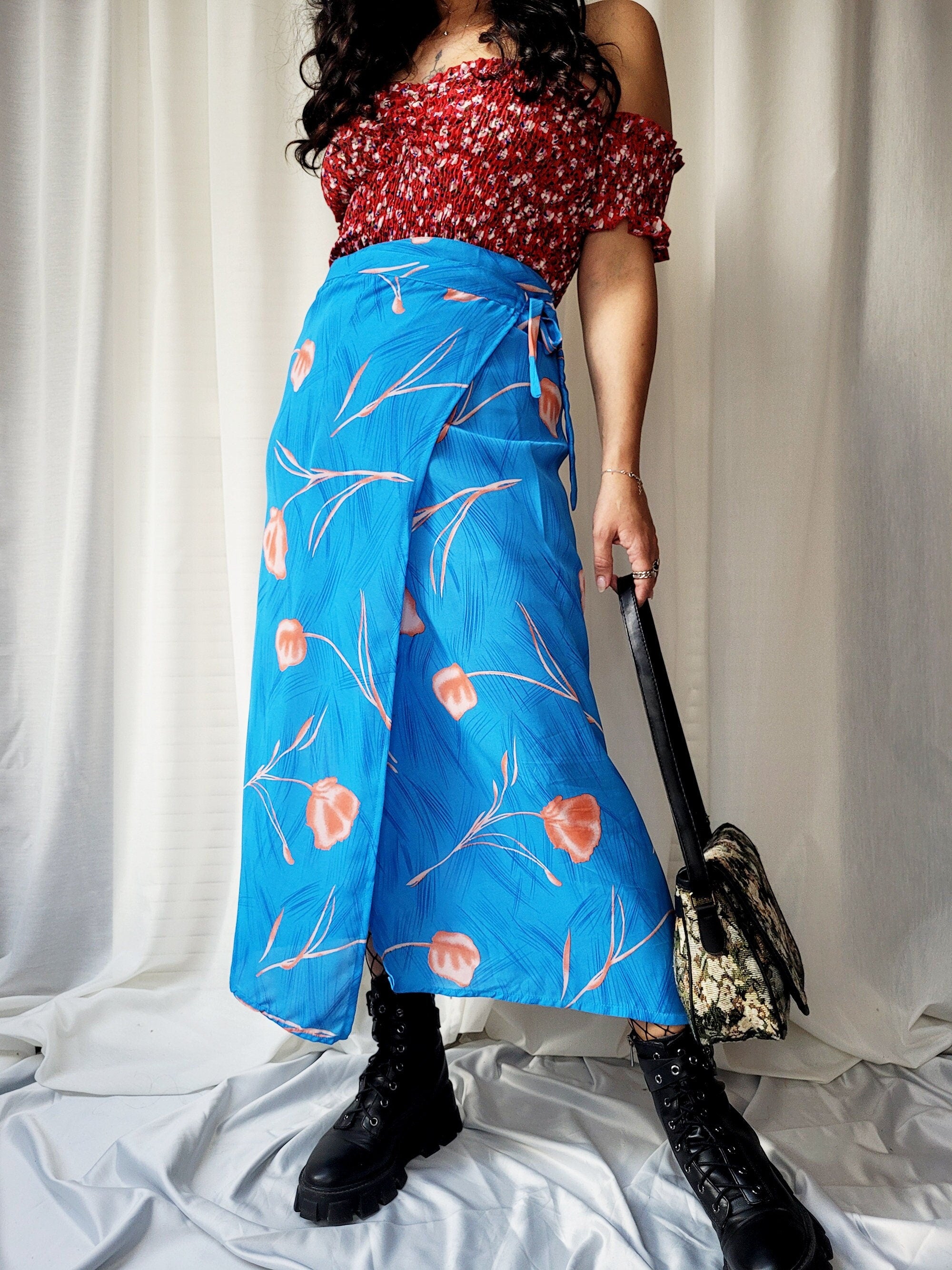 Vintage 90s blue floral print wrap maxi skirt