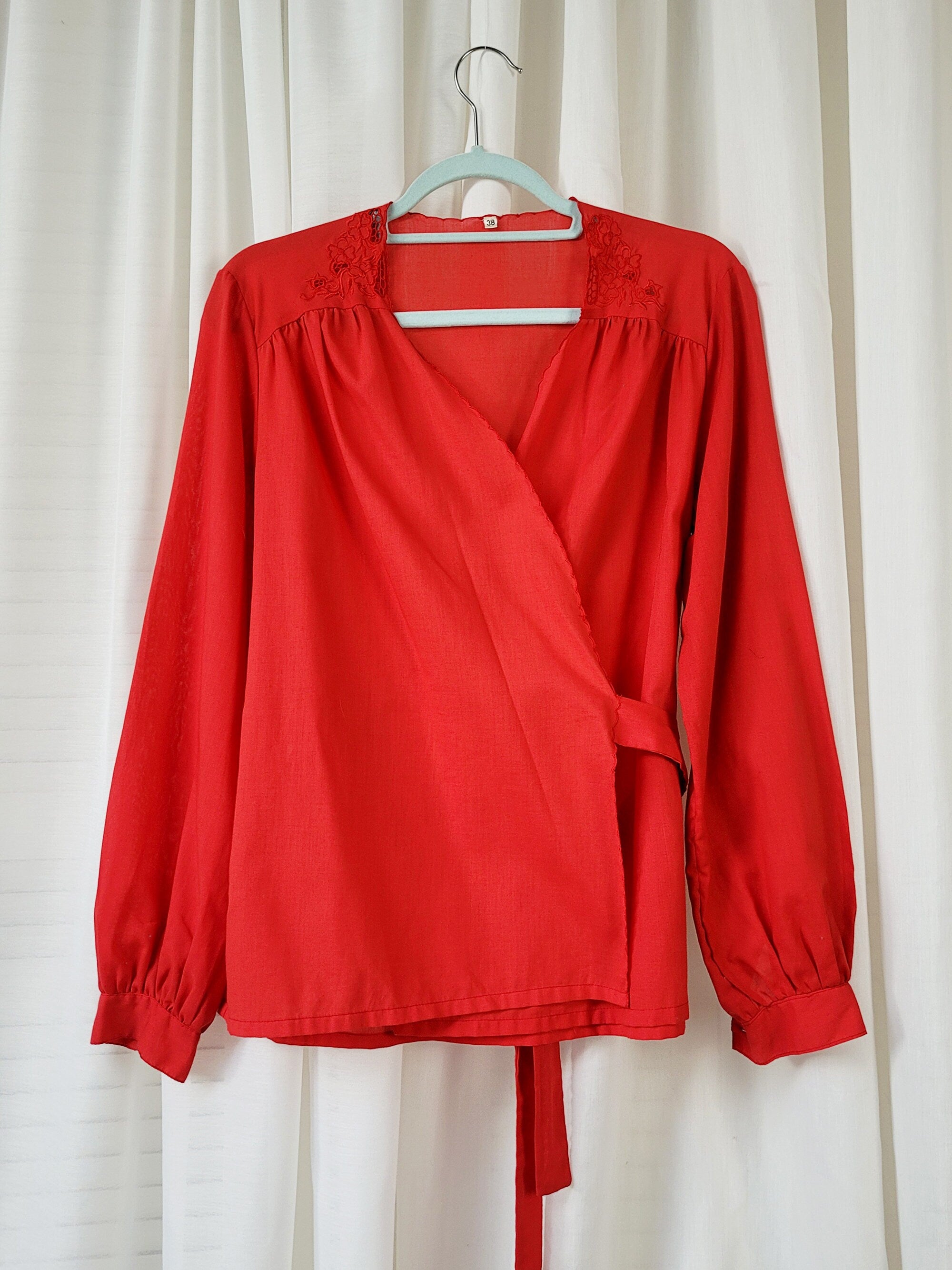 Vintage 80s red embroidery wrap blouse top