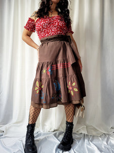 Vintage Y2K 00s brown applique midi peasant skirt