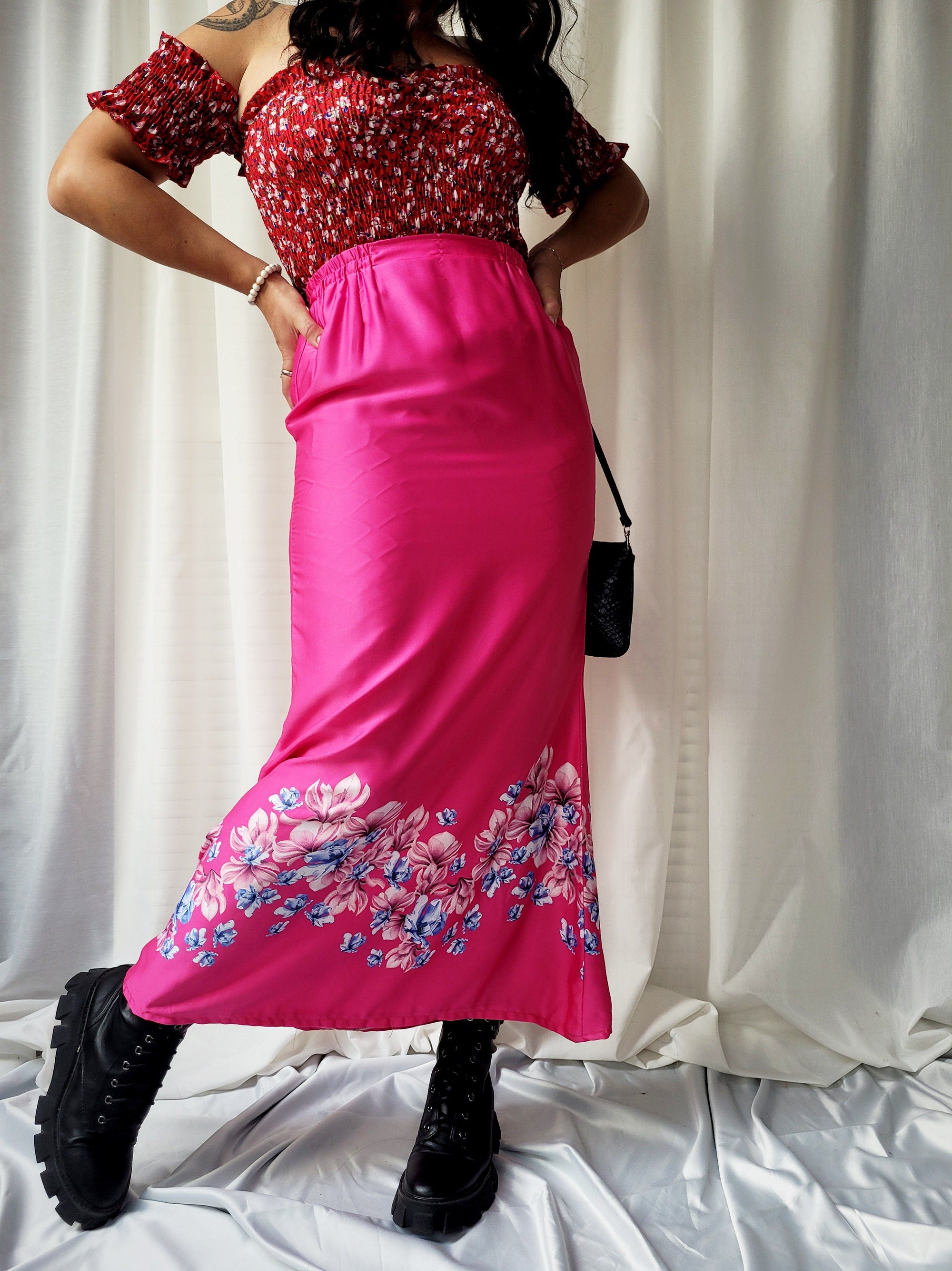 Vintage 90s pink floral handmade maxi skirt