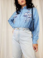 Load image into Gallery viewer, Vintage 90s blue flower embroidered shirt blouse
