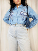 Load image into Gallery viewer, Vintage 90s blue flower embroidered shirt blouse
