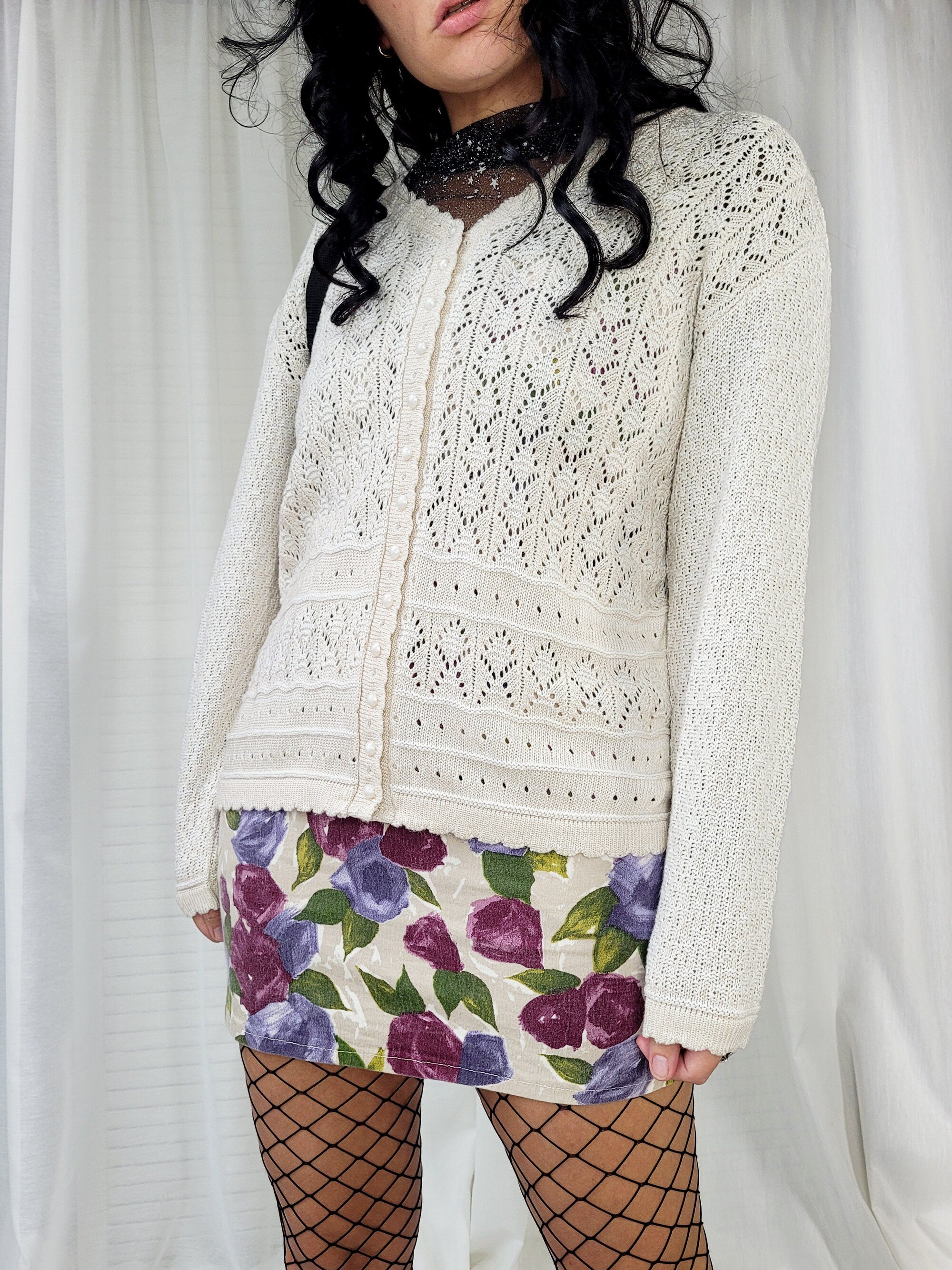 Vintage 90s cream knit patterned button down cardigan top