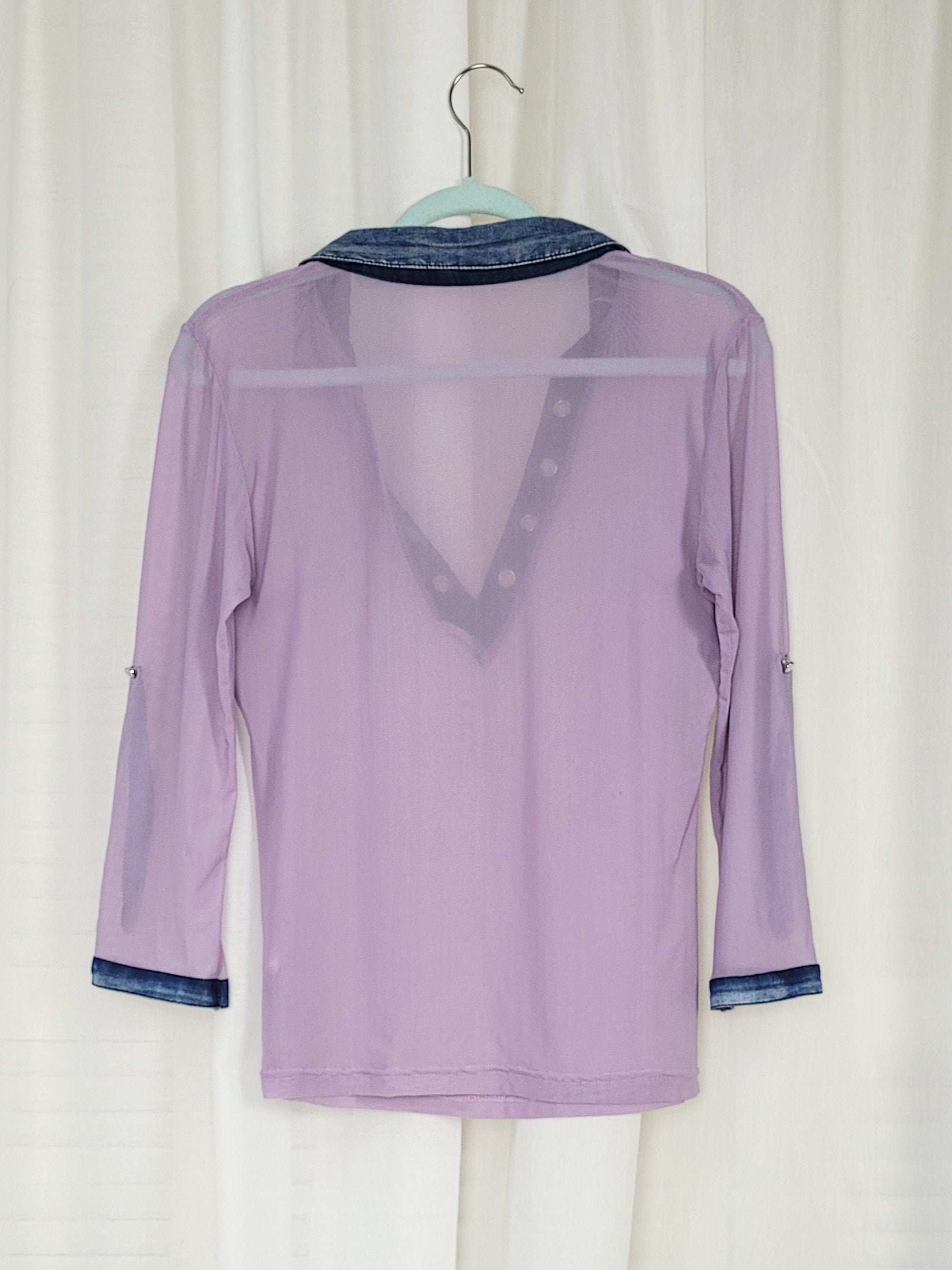 Vintage Y2K 00s mesh lilac denim collar blouse top